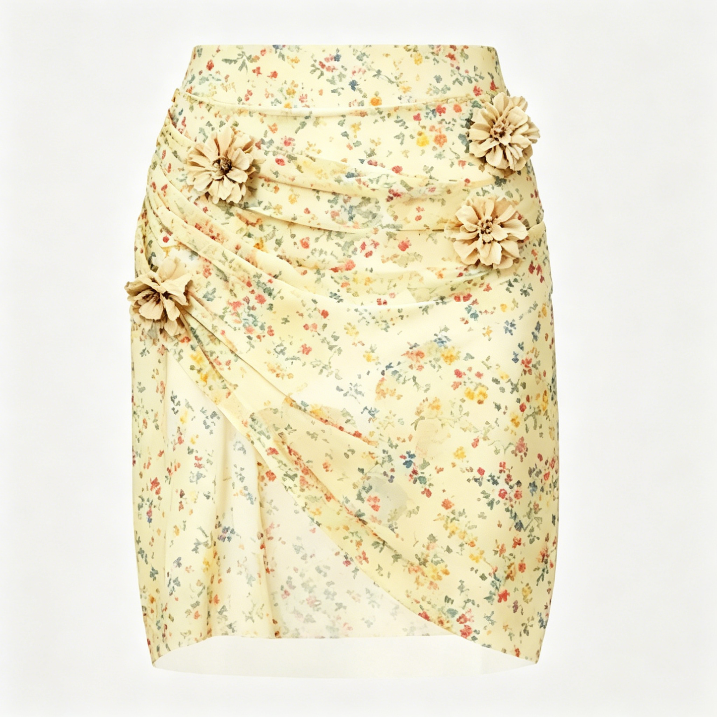 Cream Floral Ruched Mini Skirt with 3D Flowers