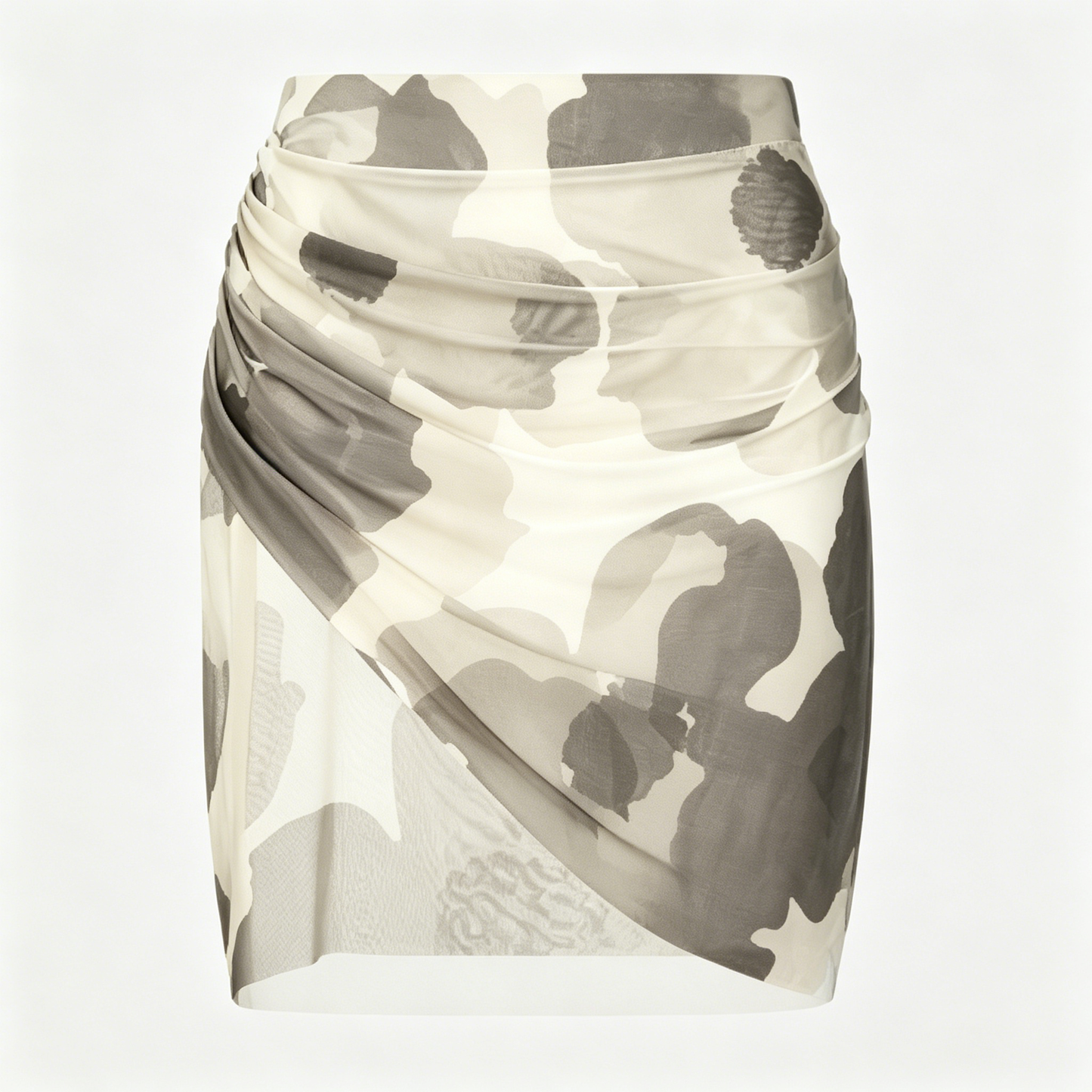Beige and Grey Abstract Print Ruched Mini Skirt
