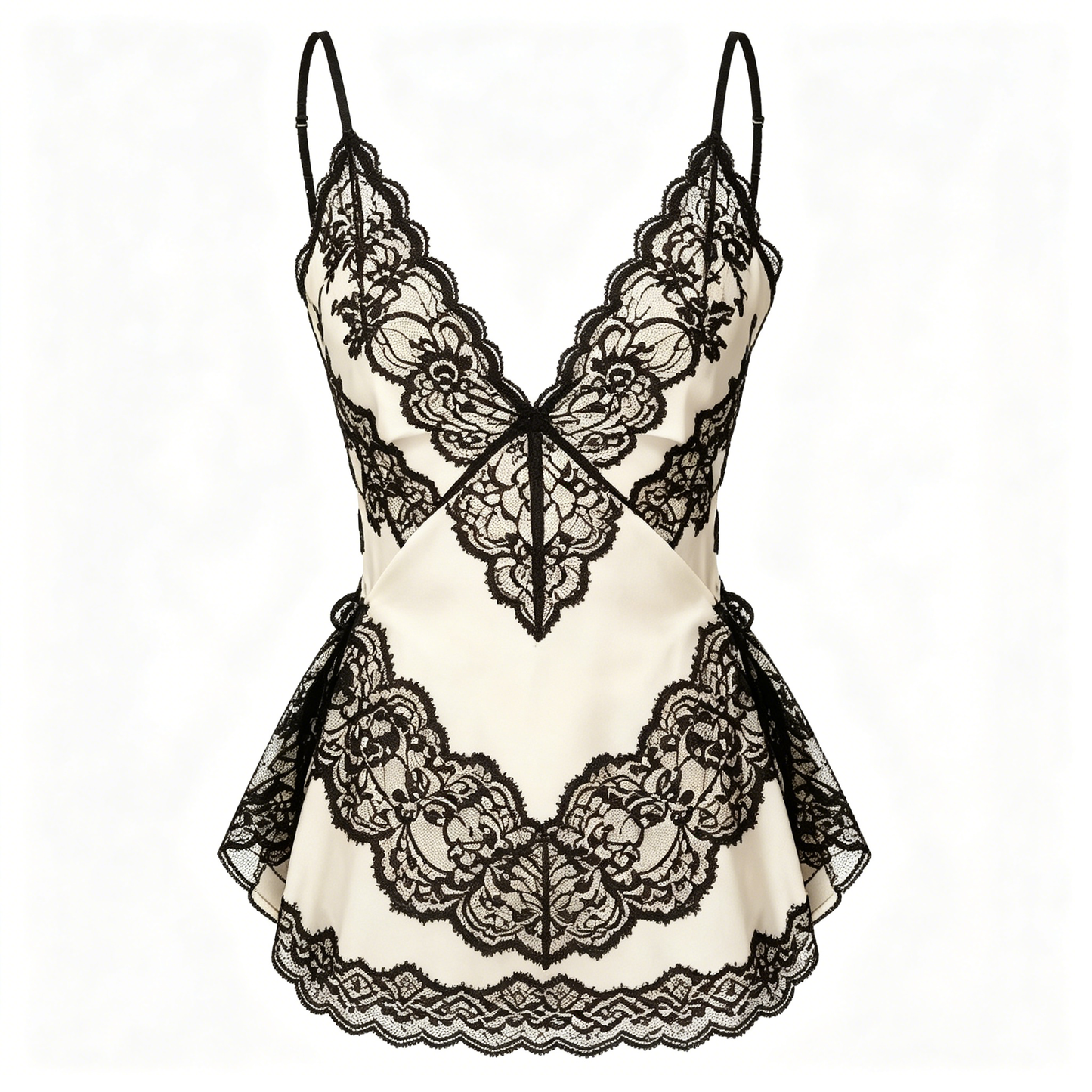 Cream Satin Black Floral Lace Peplum Cami Top