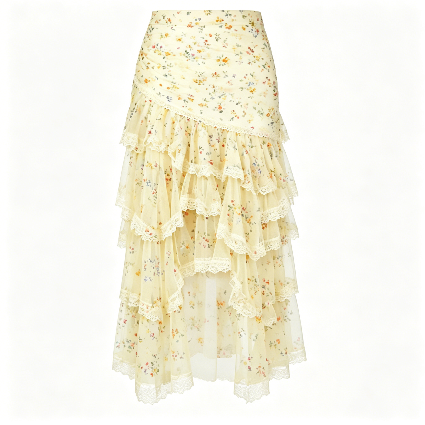 Cream Floral Tiered Lace Midi Skirt