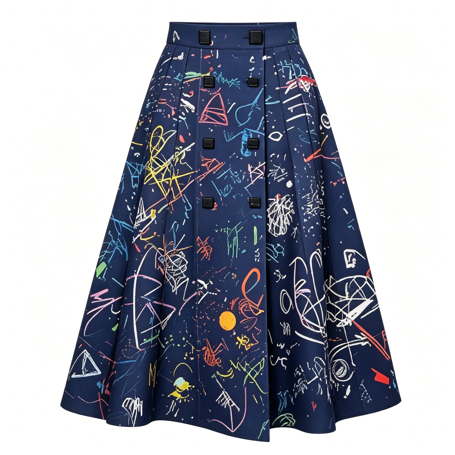Navy Graffiti Print A-Line Midi Skirt with Buttons