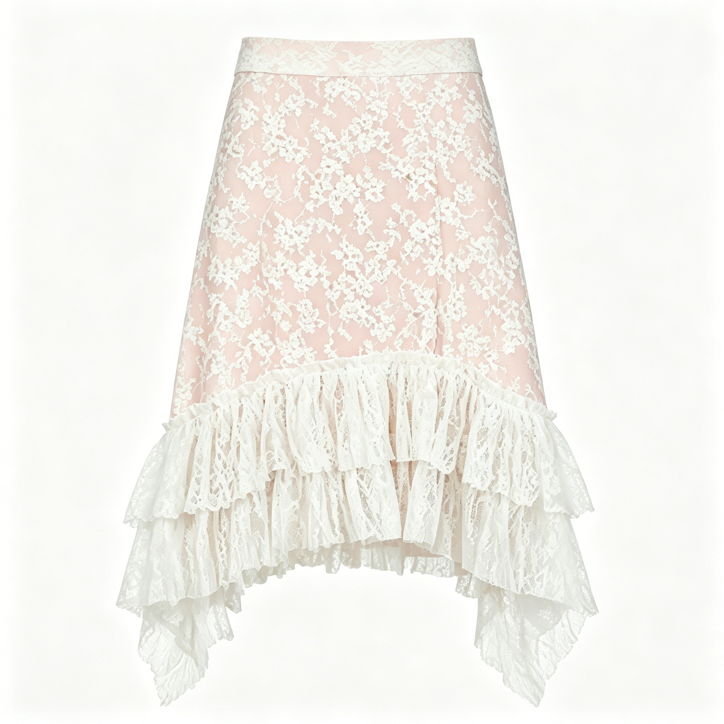 Light Pink Lace Tiered Asymmetric Midi Skirt