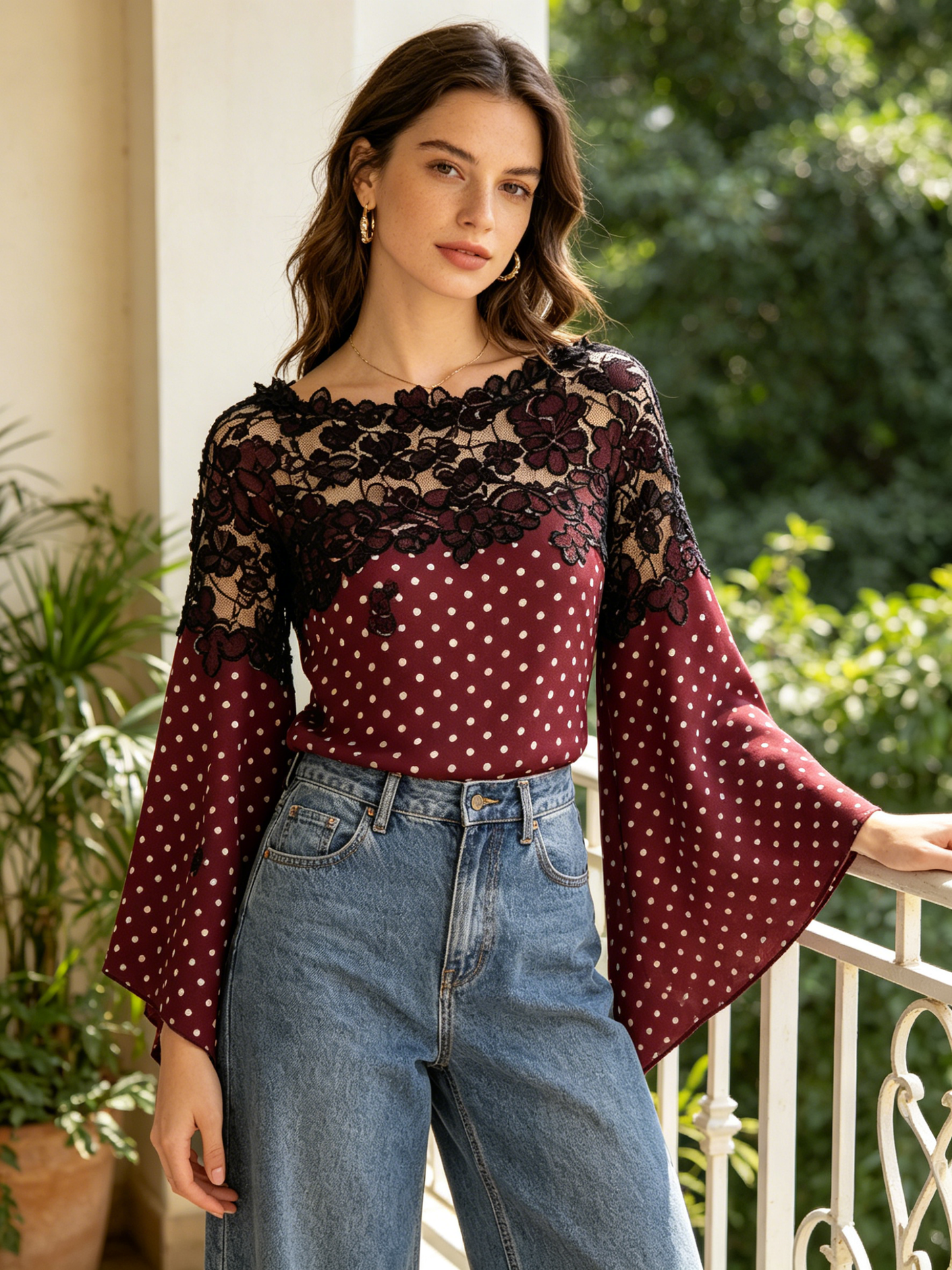 Burgundy Polka Dot Off Shoulder Lace Bell Sleeve Blouse