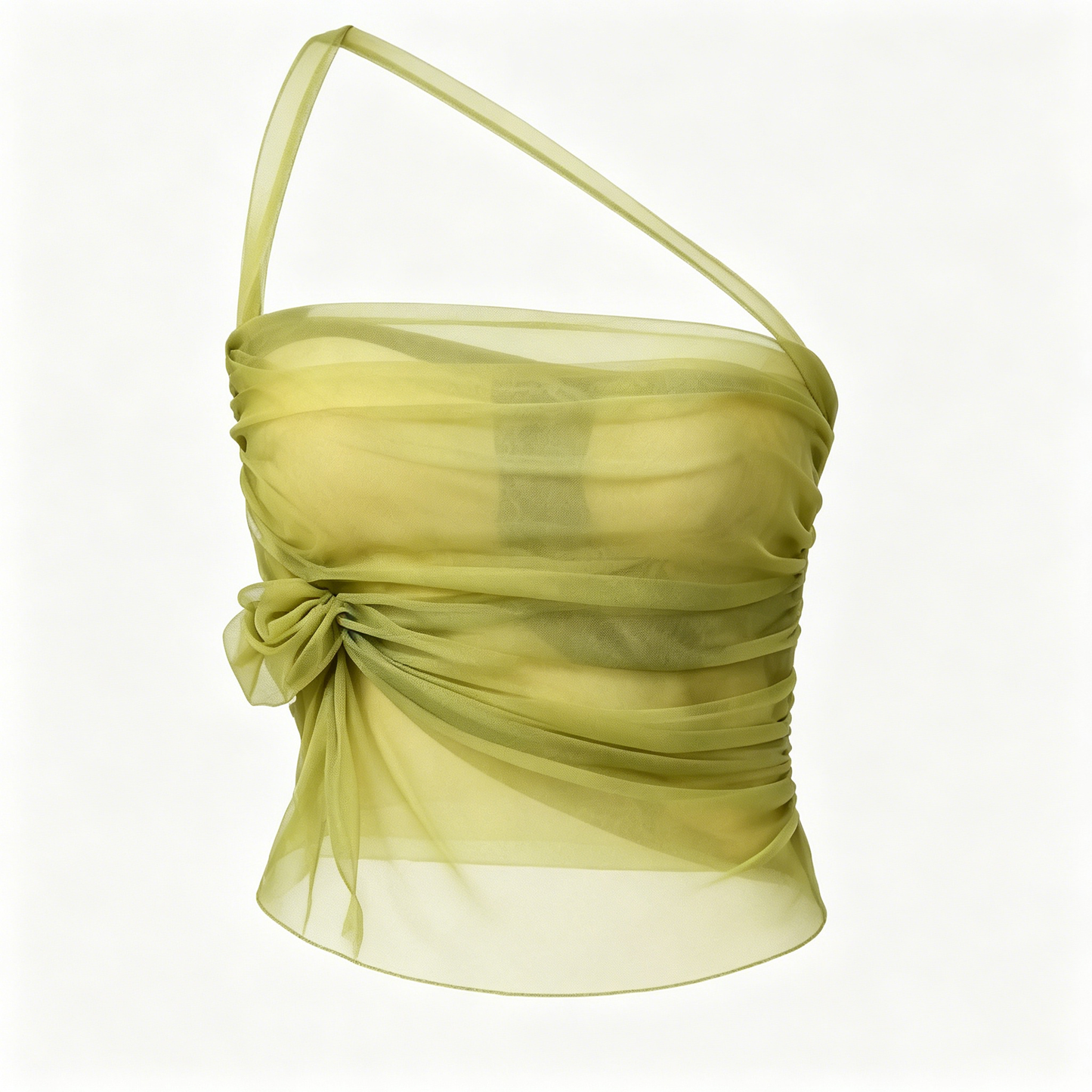 Olive Green Mesh One Shoulder Ruched Tie Crop Top