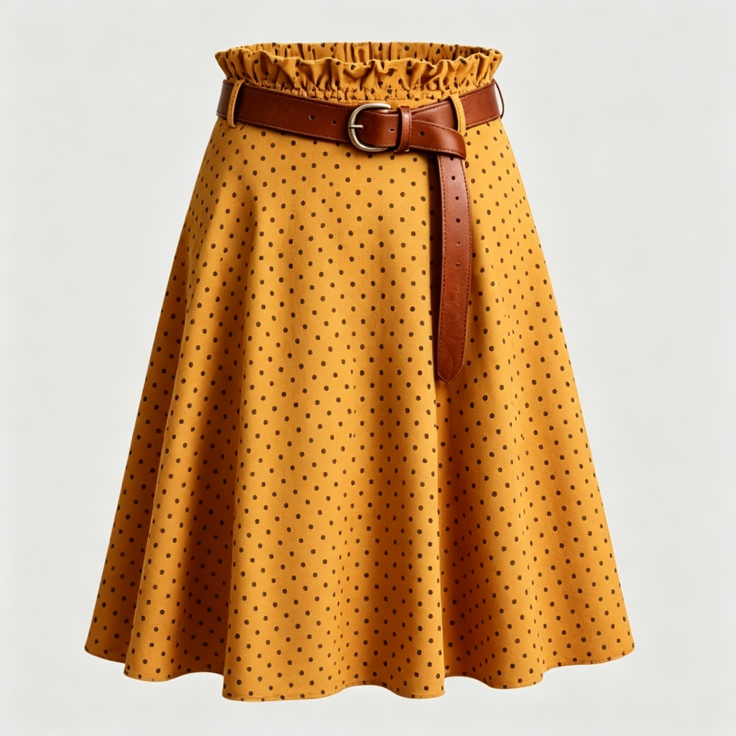 Mustard Polka Dot A-Line Skirt with Leather Belt