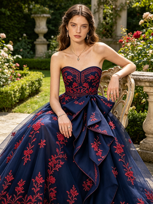 Navy Blue Floral Embroidered Ball Gown