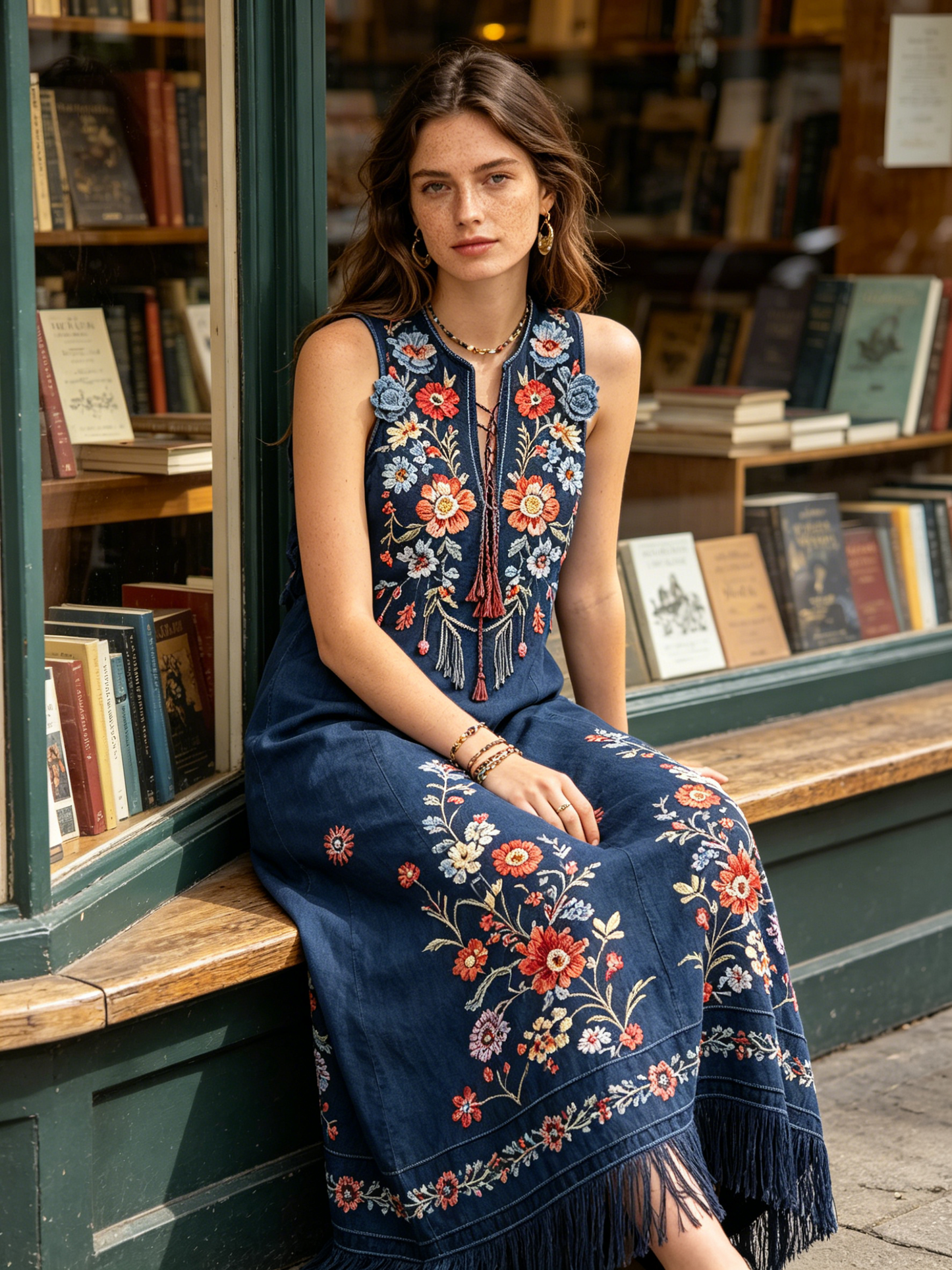 Sleeveless Embroidered Denim Maxi Dress with Fringe Hem