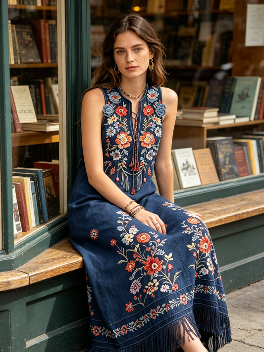 Sleeveless Embroidered Denim Maxi Dress with Fringe Hem