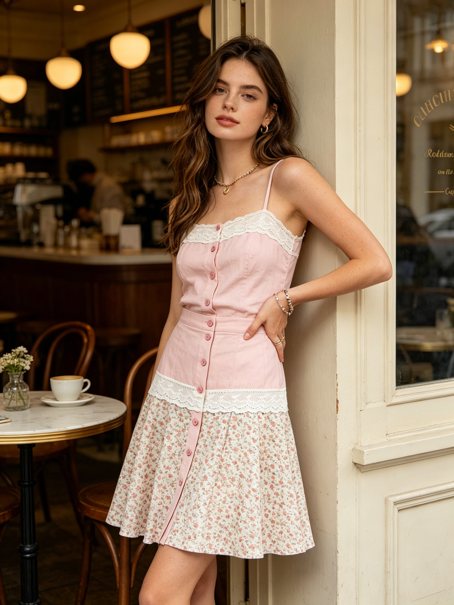 Pink and White Floral Tiered Midi Skirt with Lace