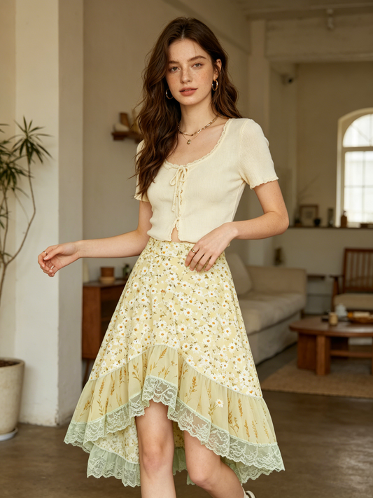 Yellow Daisy Print Lace-Trimmed Midi Skirt