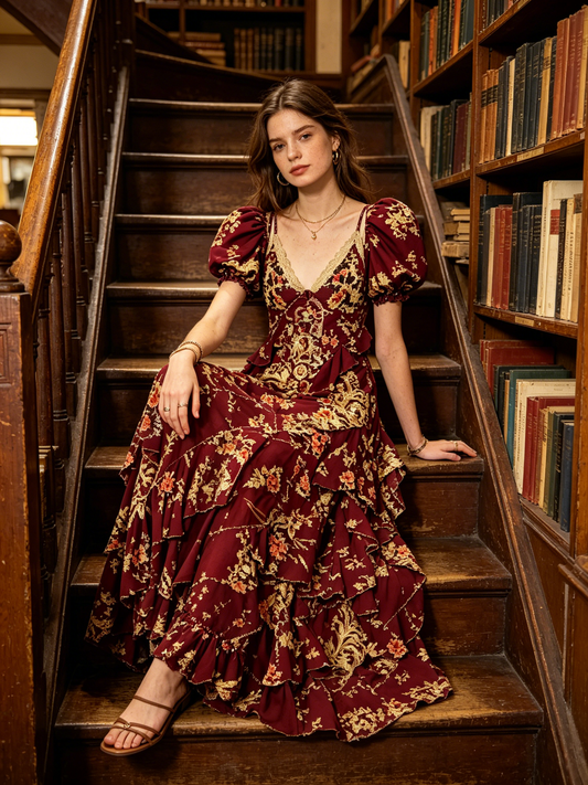 Burgundy Floral Print Puff Sleeve Maxi Dress