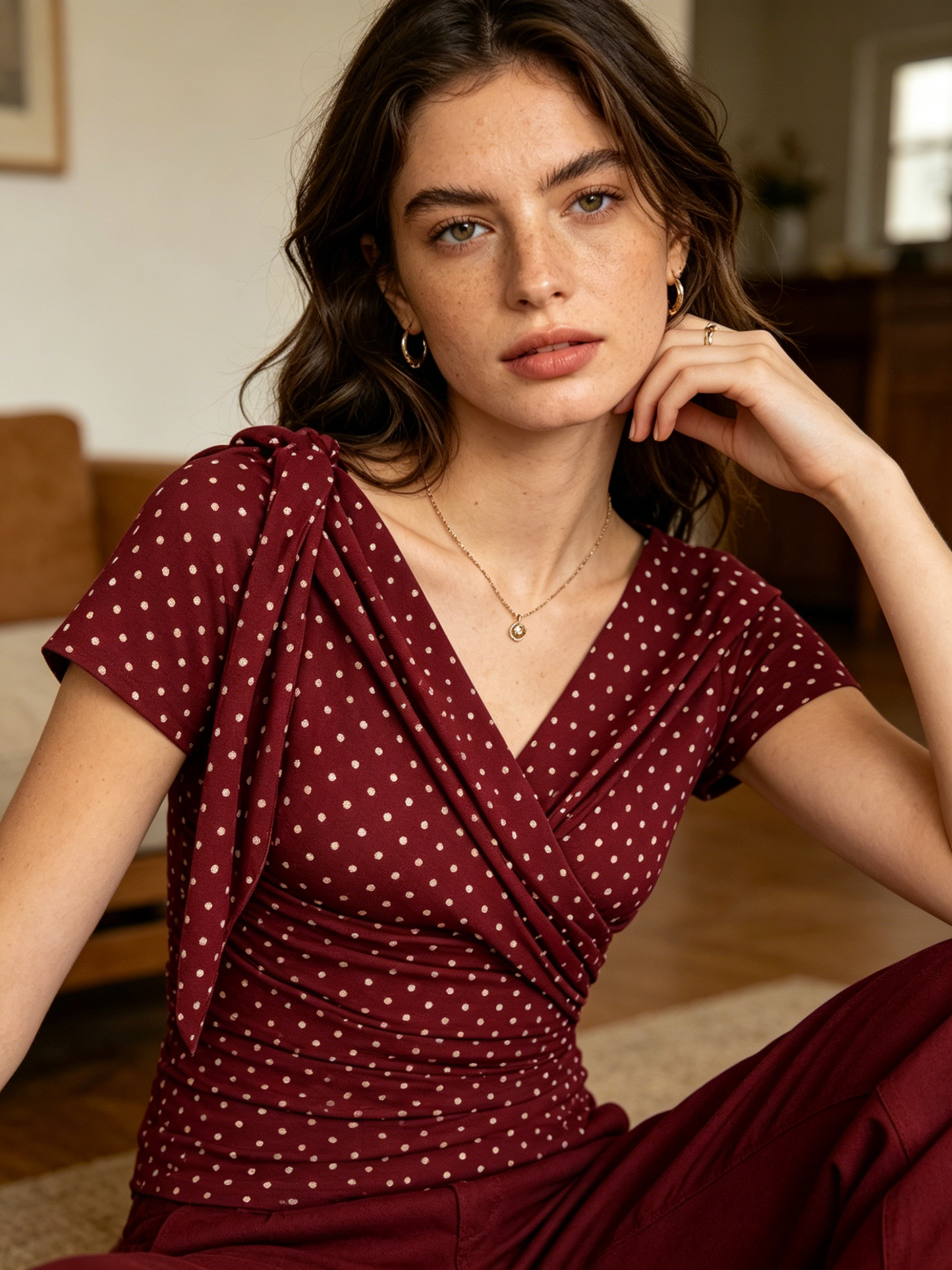 Burgundy Polka Dot Wrap Tie Shoulder Short Sleeve Top