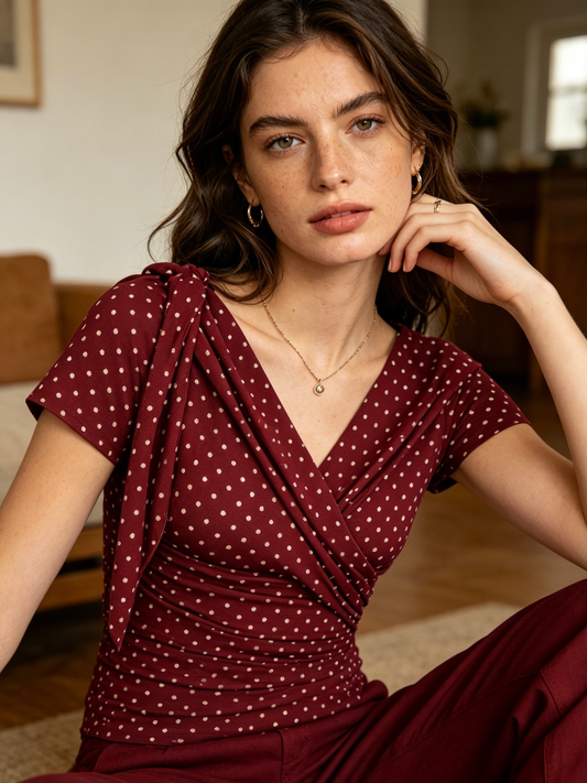 Burgundy Polka Dot Wrap Tie Shoulder Short Sleeve Top