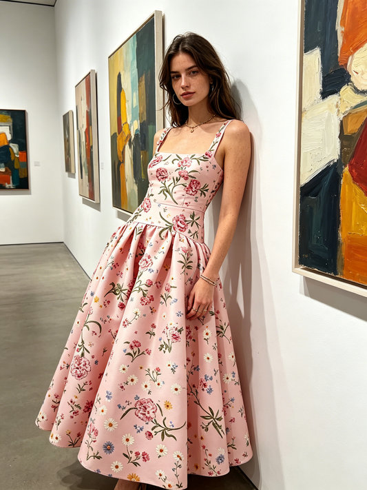 Pink Floral Print Satin Midi Dress with Full Skirt