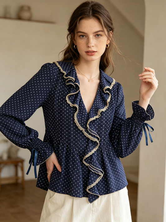 Navy Polka Dot Gold Ruffle Trim Puff Sleeve Blouse