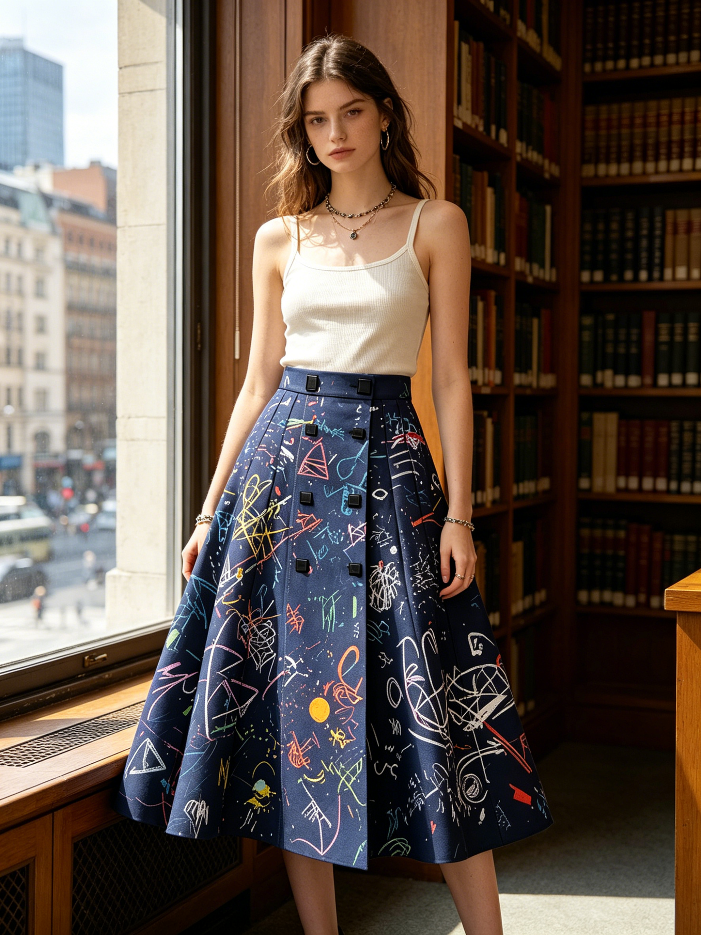 Navy Graffiti Print A-Line Midi Skirt with Buttons