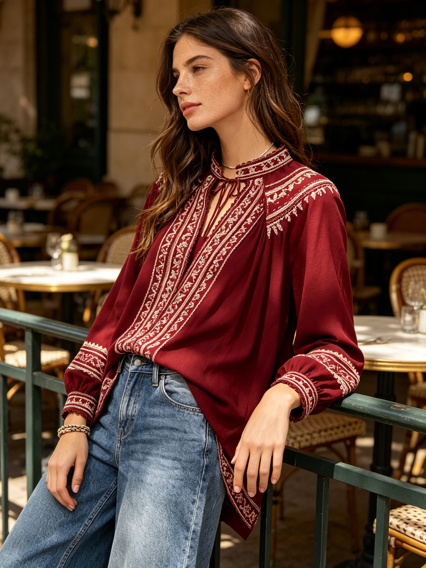Burgundy Embroidered Boho Long Sleeve Tunic Blouse