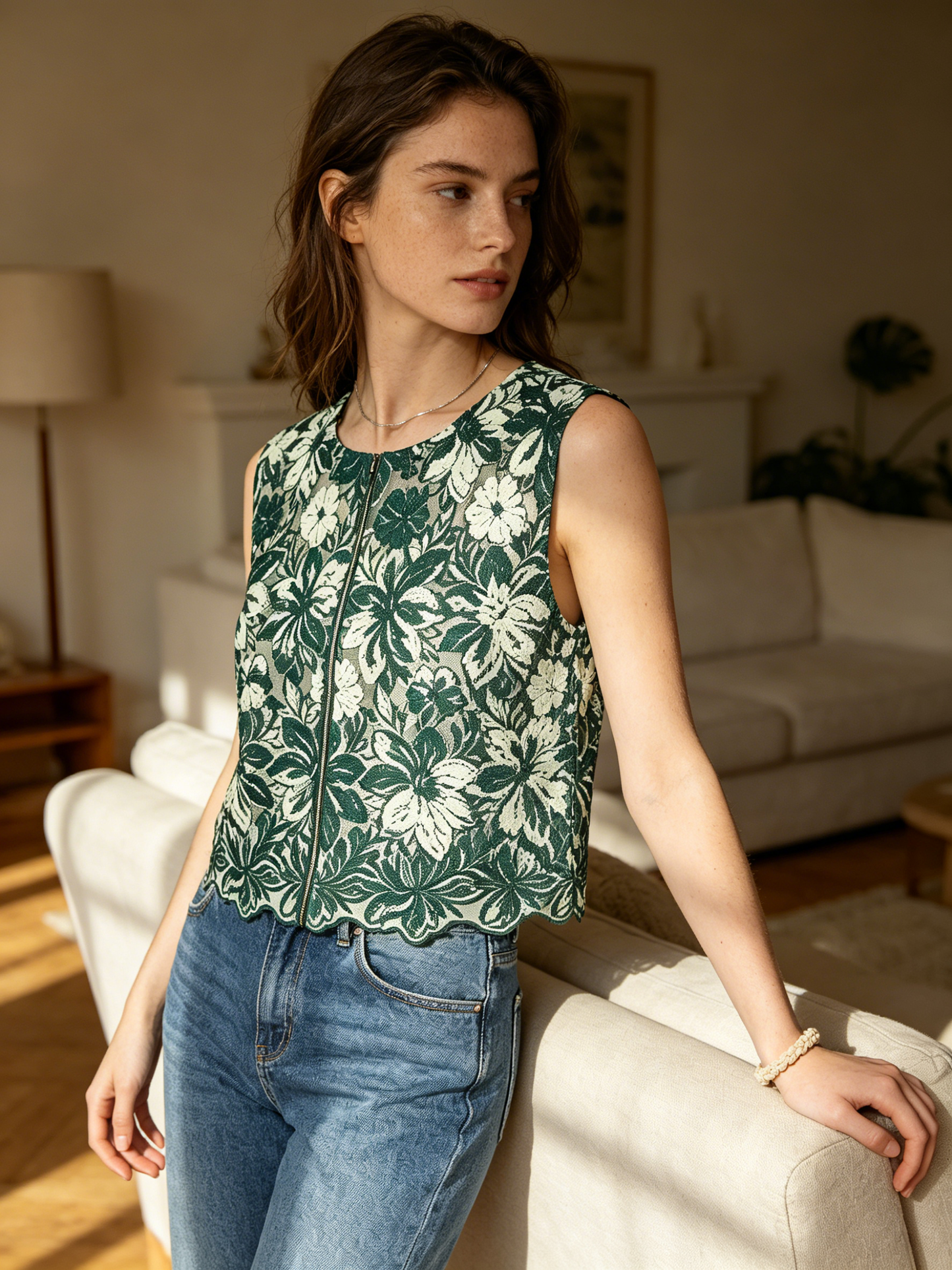 Green White Floral Lace Sleeveless Zip Back Crop Top