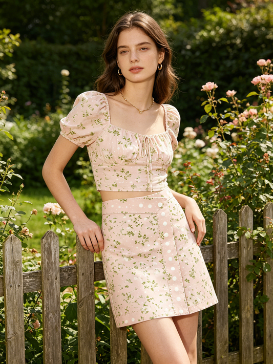 Light Pink Leaf Ditsy Puff Square Neck Crop Top