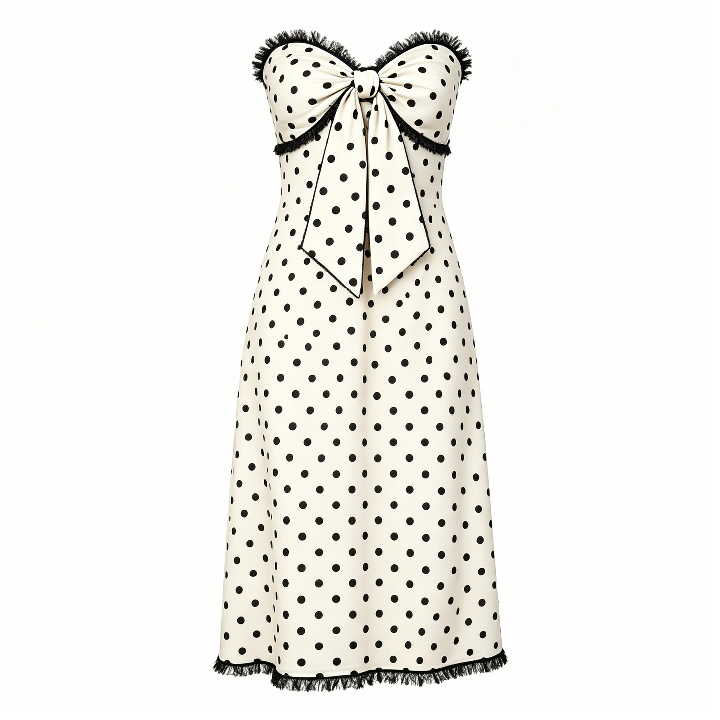 Strapless Polka Dot Midi Dress with Bow Detail