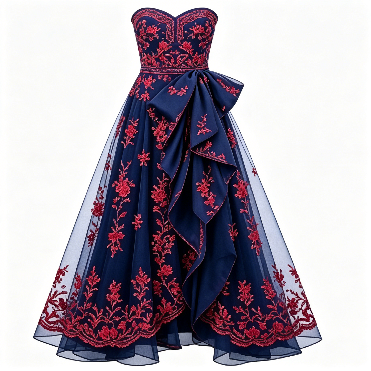 Navy Blue Floral Embroidered Ball Gown