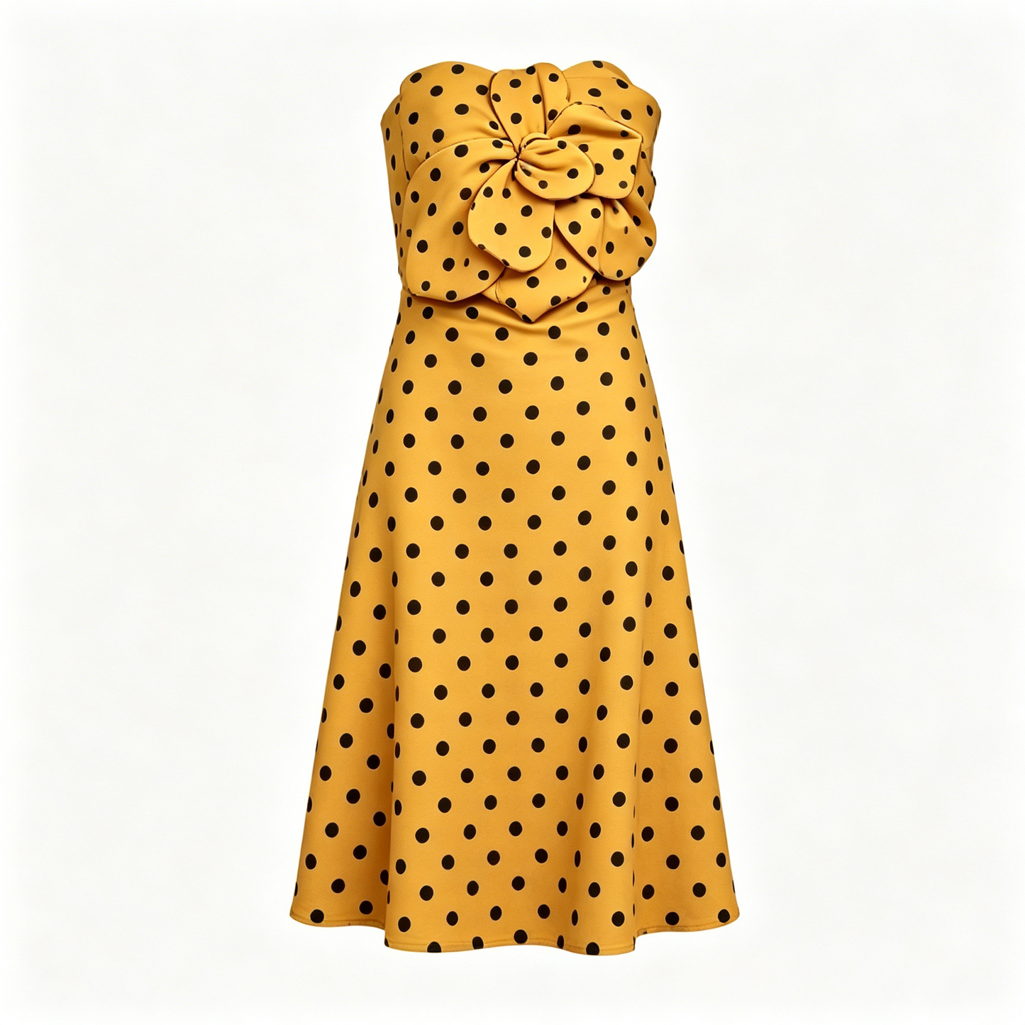 Yellow Polka Dot Strapless Midi Dress with Flower Detail