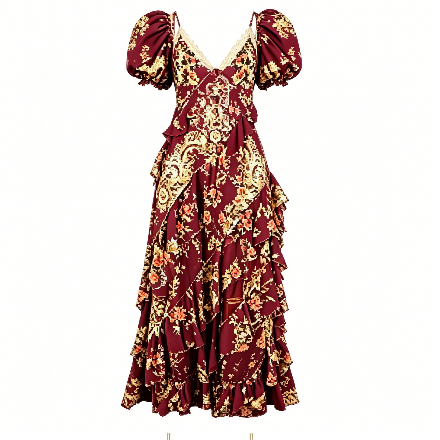 Burgundy Floral Print Puff Sleeve Maxi Dress