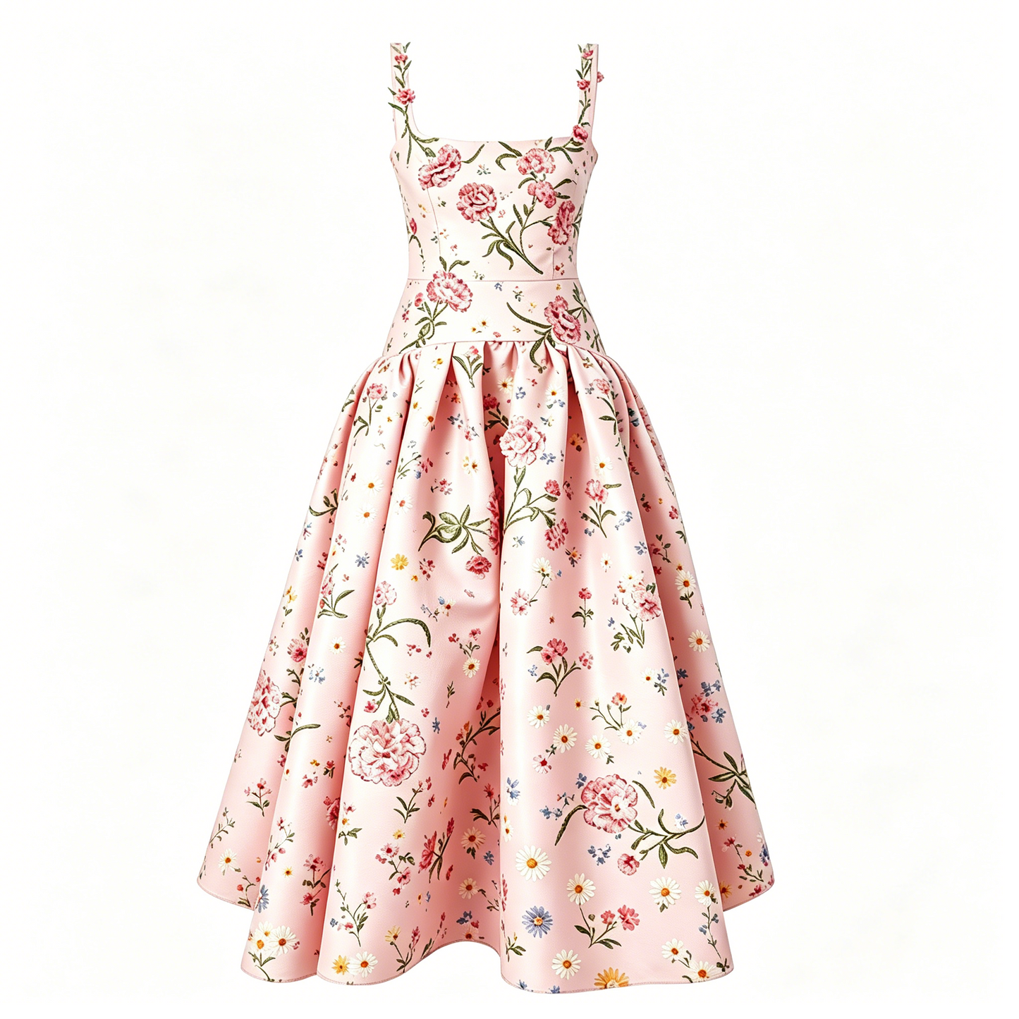 Pink Floral Print Satin Midi Dress with Full Skirt