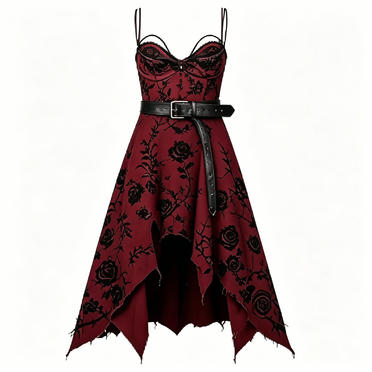 Red Rose Print Corset Maxi Dress with Belt